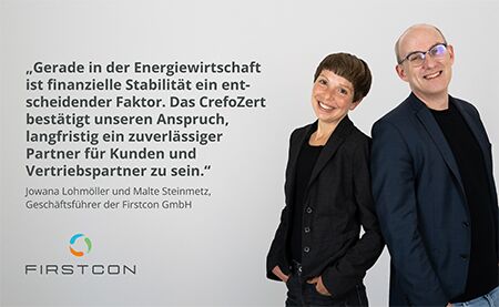 Portrait und Zitat von Jowana Lohmöller und Malte Steinmetz, Geschäftsführer Firstcon GmbH